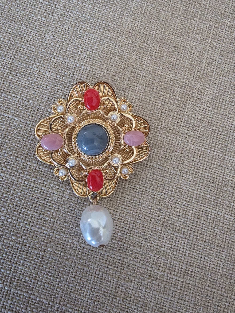 Vintage Floral Brooch Multicolor & Pearl Drop